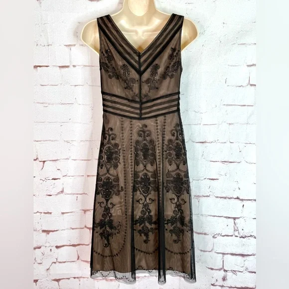 ANN TAYLOR LOFT PETITE 2P Black Embroidered Mesh Overlay Cocktail Party Dress - Picture 3 of 15